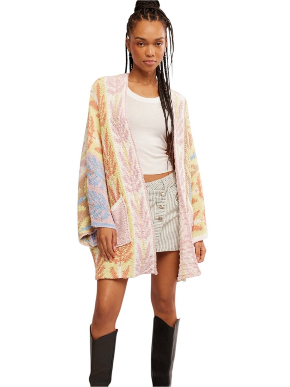 Free People Mallorca Oversized Open Front Knit Cardigan in Spring Breeze Medium